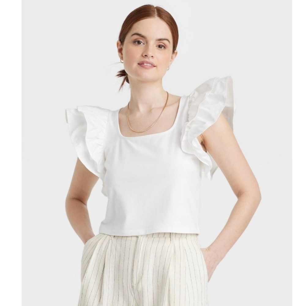 A New Day White Ruffle Cropped Top XS